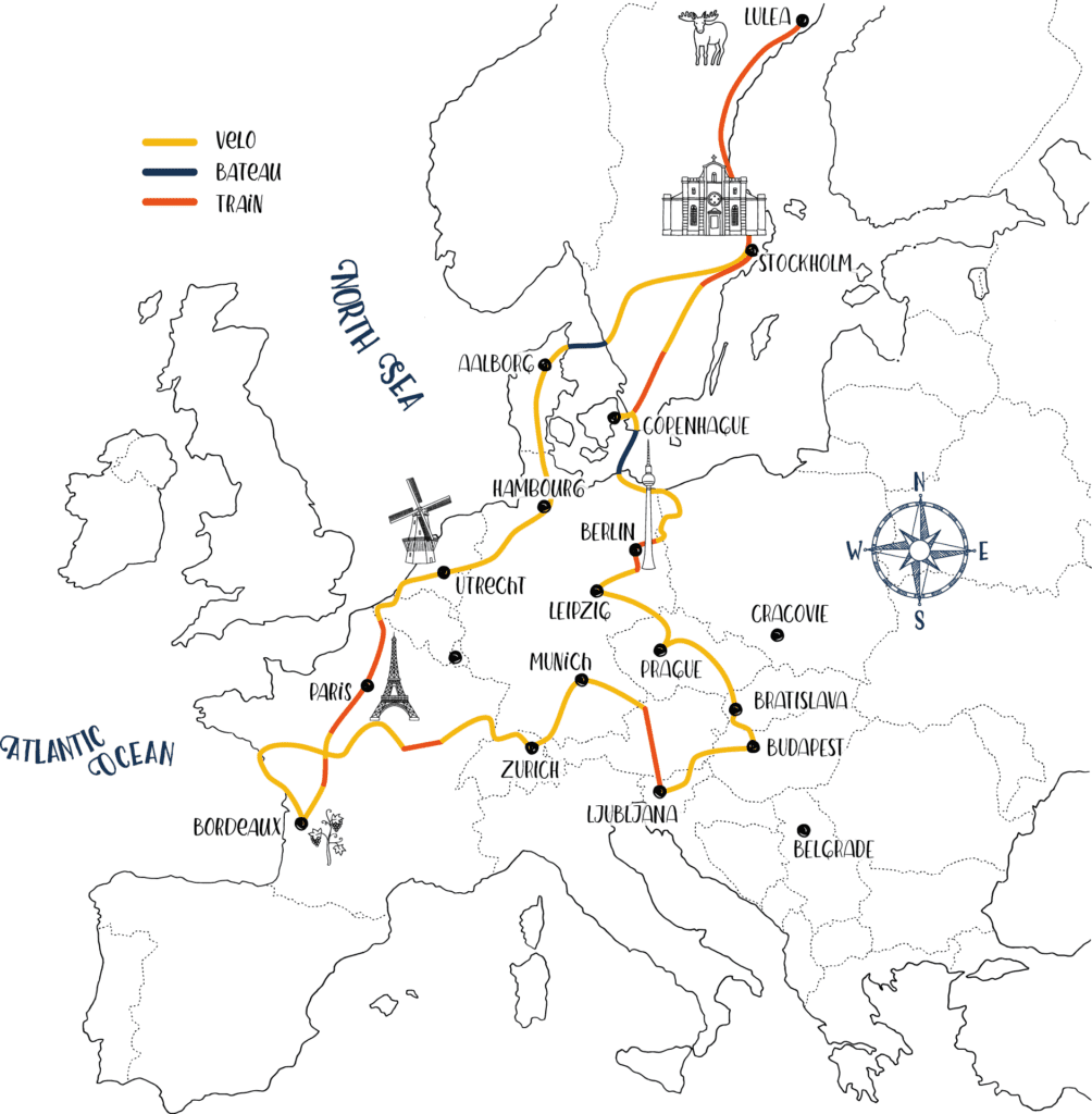 Itinéraire de l'exploration du projet Déchets d'Œuvre à vélo en Europe